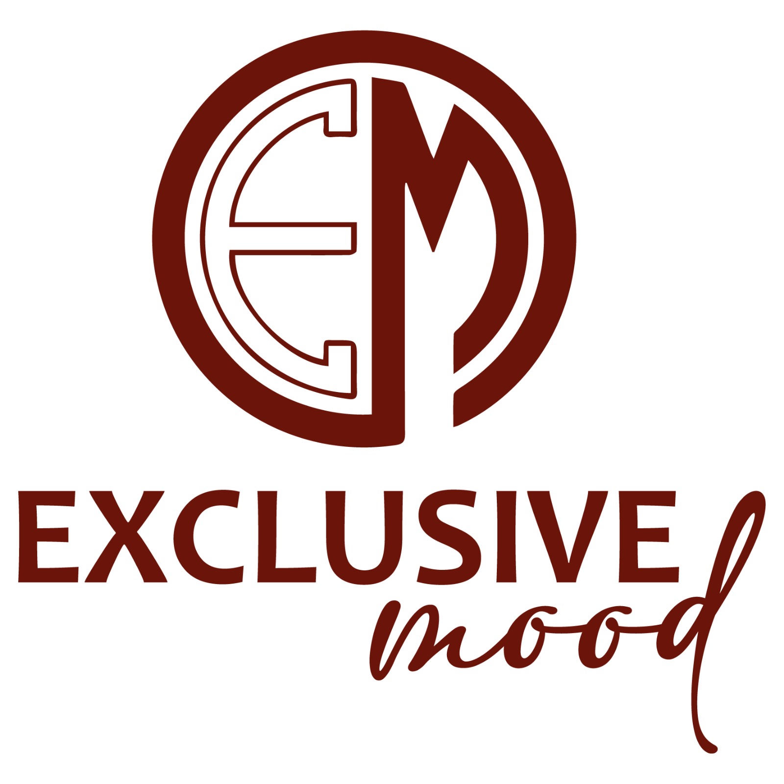 Logo marrone con le lettere EM e testo 'Exclusive Mood'.