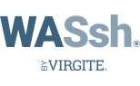 Logo di WASSH by Virgite, design semplice con testo blu su sfondo bianco.