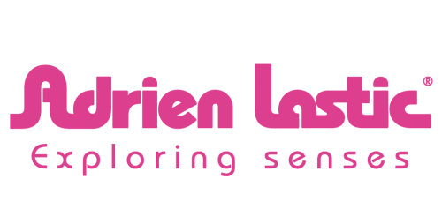 Logo rosa di Adrien Lastic con slogan 'Exploring senses'.