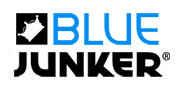 Logo di Blue Junker con testo blu e nero e simbolo grafico.