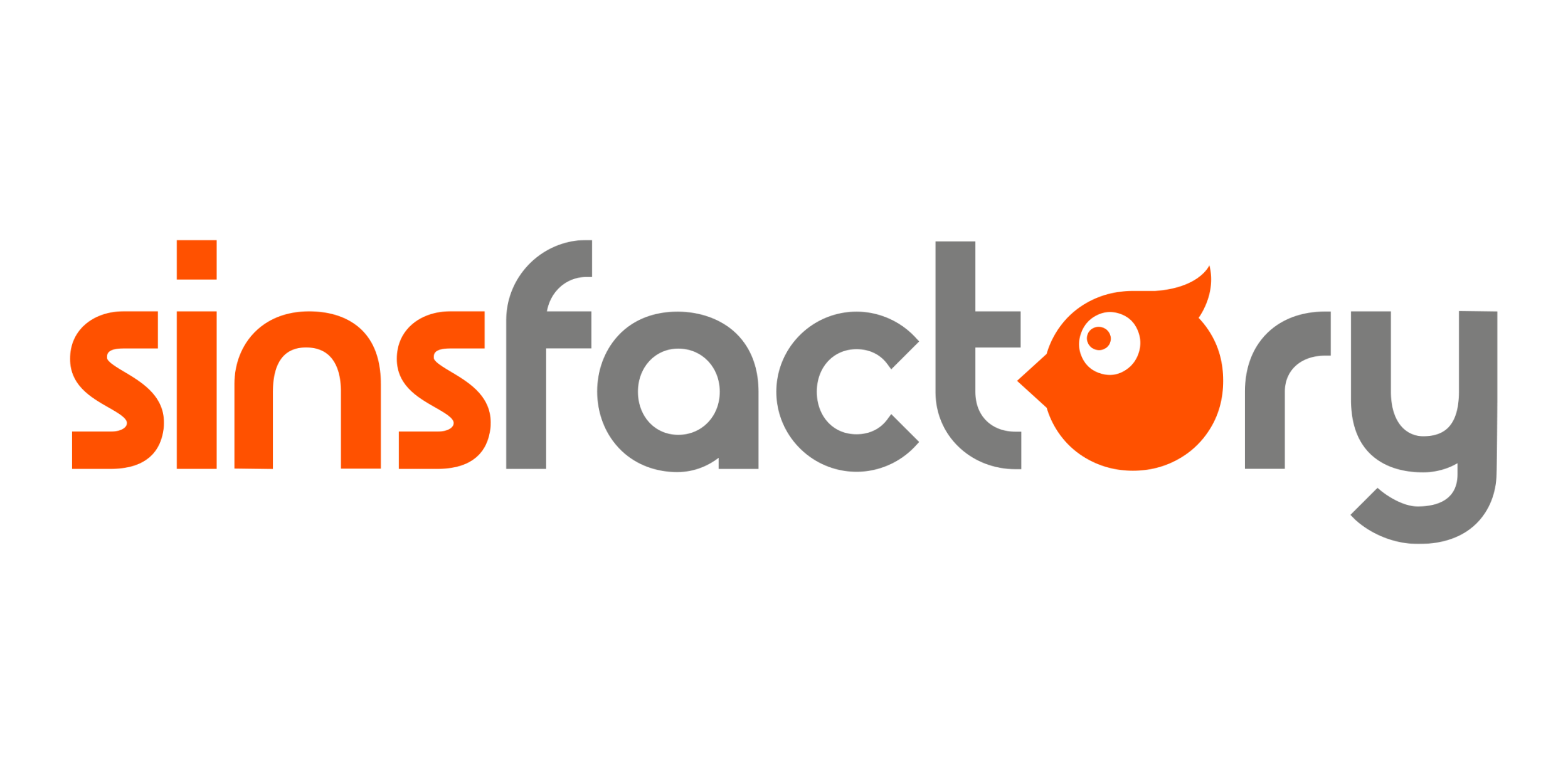 Logo con testo 'sinsfactory' in arancione e grigio, carattere moderno e stilizzato.