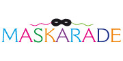 Logo colorato con maschera nera sopra la scritta 'MASKARADE'.