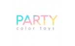 Logo colorato di Party Color Toys con testo in tonalità pastello su sfondo bianco.